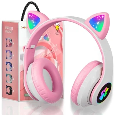 Afbeelding van Draadloze kinderhoofdtelefoon met ledlicht, hoofdtelefoon kattenoren, voor meisjes, opvouwbaar, bluetooth microfoon tv, verjaardag of Kerstmis (zwart) (roze)