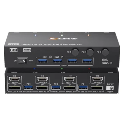 Afbeelding van 8K@60Hz KVM Switch 3 PC 2 Monitoren 4K@144Hz, MLEEDA HDMI + Displayport Dual Monitor met 4 USB 3.0 Poorten Voor Toetsenbord en Muis printer, Kabelafstandsbediening, Voedingsadapter