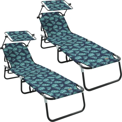 Afbeelding van vidaXL Inklapbare Zonnebanken 2 stuks met Luifel Bladerenprint 600D Oxford Stof