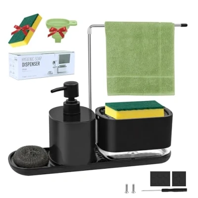 Afbeelding van Zeepdispenserset, afwasmiddeldispenser, zwart met afdruipbak en afneembare doekhouder, spoelbakorganizer trechter sponshouder, navulbaar, geschikt voor keukenspoelbak