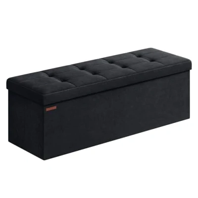 Afbeelding van SONGMICS LSF277B01 Opbergbank, fluwelen voetbank, met deksel, 2 opbergdozen, verwijderbaar tussenschot, 38 x 110 cm, belastbaar tot 300 kg, voor hal, woonkamer, slaapkamer, inktzwart
