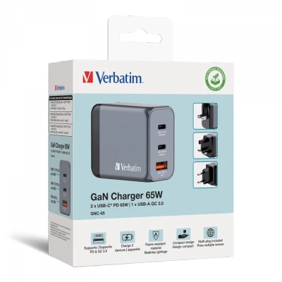 Afbeelding van Verbatim Ladeadapter, Universal, GNC 65, GaN, 65W, grau 1x USB A QC, 2x C PD, Retail