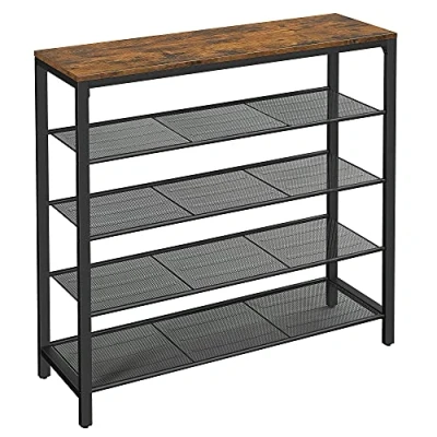 Afbeelding van VASAGLE Schoenenrek, schoenenopbergorganizer met 4 gaasplanken en groot oppervlak voor tassen, schoenenplank entree, hal, kast, stalen frame, industrieel, rustiek bruin zwart LBS15BX