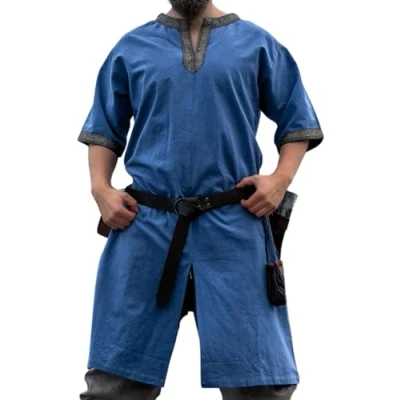 Afbeelding van Leonardo Carbone® Richard Tuniek met korte mouwen, middeleeuwse kleding voor heren, middeleeuws hemd, vrijetijdshemden, carnavalskostuum Viking tuniek, LARP 100% katoen,