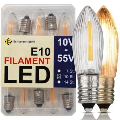 Afbeelding van 10 x E10 LED puntkaarsen, universele reservelampen, volt tot 55 volt, 0,2 W, 2200 K, topkaars voor lichtketting en lichtboog, in stevige kunststof doos