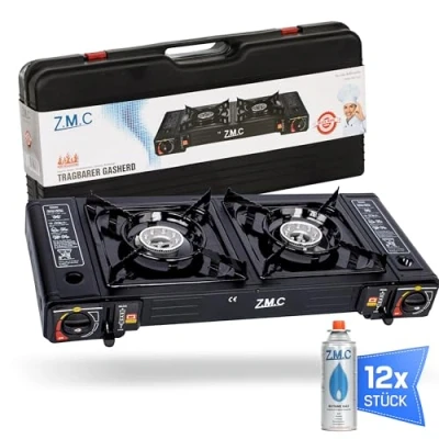 Afbeelding van ZMC Camping gasfornuis 2 pits incl. adapter voor LPG aansluiting + 12 gaspatronen 227 g, campingkooktoestel met piëzo ontsteking buiten en binnen