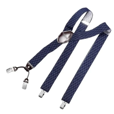 Afbeelding van DonDon herenbretels 3,5 cm breed 4 clips van bruin leer in Y vorm elastisch en verstelbaar Rhomb blauw
