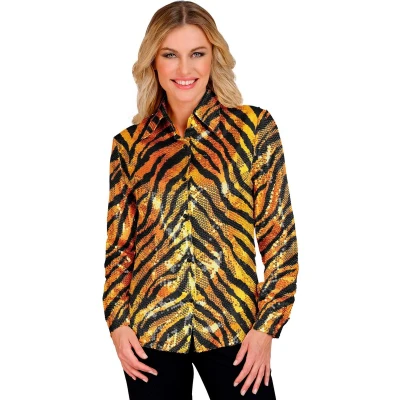 Afbeelding van Widmann Grappig &amp; Fout Kostuum Pailletten Blouse Tigerwild Vrouw Goud XXL Carnavalskleding Verkleedkleding