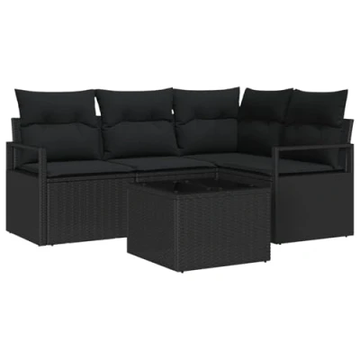 Afbeelding van vidaXL 5 delige Tuin Sofa Set met Kussens Beige Poly Rattan, 2 Zits Zwart Rattan