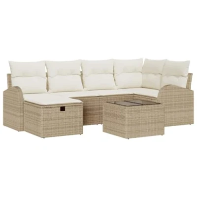 Afbeelding van vidaXL Set van 7 Stukken Tuin Sofa met Kussens Beige Poly Rattan
