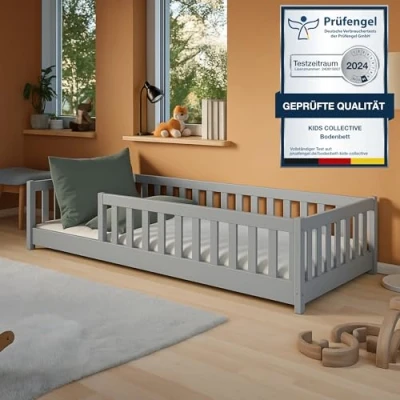 Afbeelding van Kids Collective Montessori Kinderbed, bodembed, 80 x 160 cm, met valbeveiliging, matras en lattenbodem, ledikant, kinderen, tienerbed, eenpersoonsbed, asgrijs, van 3 tot 10 jaar