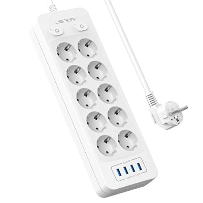 Afbeelding van JSVER stekkerdoos met 10 stopcontacten, USB stopcontacten (3680 W, 16 A) en 4 poorten, intelligent laadstation, verlengkabel 2 m kabel, wit