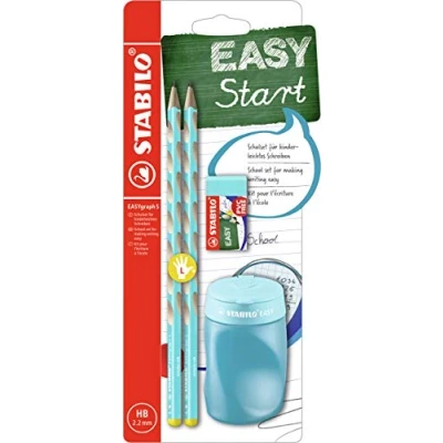 Afbeelding van Schoolset voor linkshandigen STABILO EASYgraph S in blauw inclusief boxslijper en gum