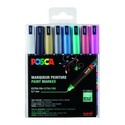 Afbeelding van Uni POSCA paintmarker PC 1MC, 0,7 mm, etui met 8 stuks in geassorteerde metallic kleuren