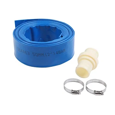 Afbeelding van KATSU 664463 Platte afvoerslang, met 2 klemmen en snelkoppelingsaansluiting, geschikt voor dompel andere waterpompen, het legen van vijvers, tuinirrigatie, blauw, 10 m x 50 mm