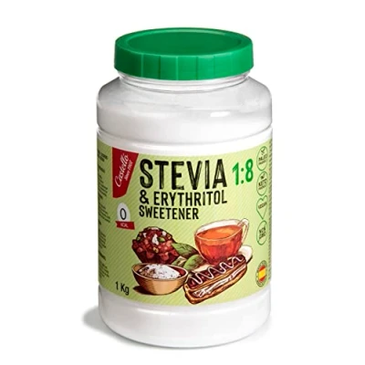 Afbeelding van Zoetstof Stevia + Erythritol 1:8 1g = 8g suiker 100% Natuurlijke Suikervervanger 0 Calorieën Glycemische Index Keto en Paleo Netto Koolhydraten Non GMO Castello since 1907 1 kg