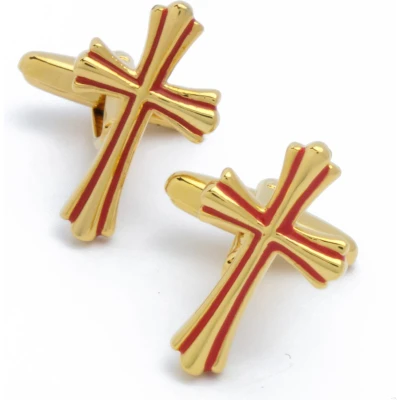 Afbeelding van Manchetknopen Goudkleurig Kruis met Rood Accent