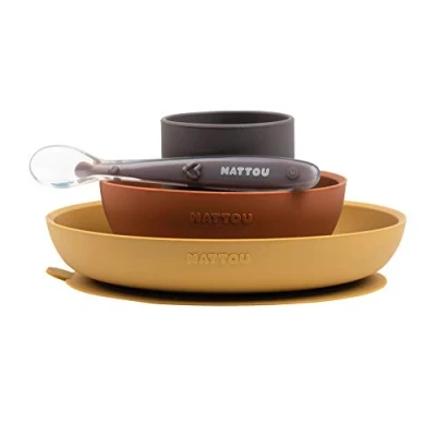 Afbeelding van Nattou Siliconen 4 delig Servies voor Kinderen Bord + Kom Beker Lepel Antislip BPA vrij Geel / Terracotta
