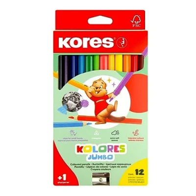Afbeelding van 12 kleurpotloden KORES in de ergonomische, kindvriendelijke driehoekige vorm. Geschikt voor smalle handen.