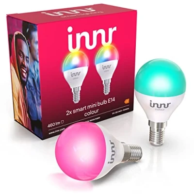Afbeelding van Innr smart LED kogellamp, E14, Zigbee, wit en kleur, werkt met Hue*, Amazon Echo (4th Gen.), Voice Control Alexa, Hey Google (bridge vereist), RGBW, 1800K 6500K, dimbaar, 2 Pack