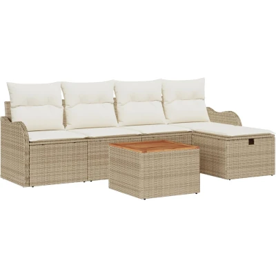 Afbeelding van vidaXL 6 delige Tuinsalon Set met Kussens Beige Poly Riet, 2 zits Riet