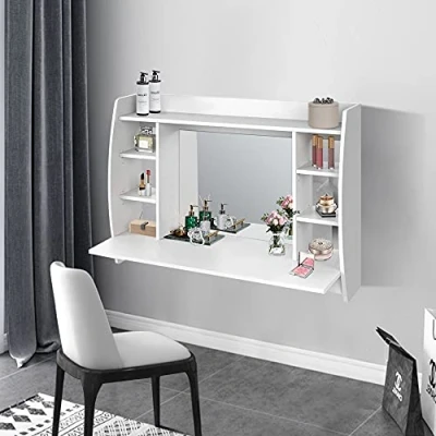 Afbeelding van ML Design Wand Kaptafel Wit, met Spiegel en 6 Planken, 110 x 75 48,5 cm, Cosmeticatafel voor Dames &amp; Meisjes, MDF Hout, Wandtafel Make up Tafel