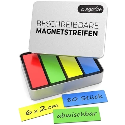 Afbeelding van YOURGANIZE® Magneetstrips, beschrijfbaar, 80 stuks, 60 x 20 mm, magneetborden om te beschrijven, voor koelkast, whiteboard en bord, magneetstrip