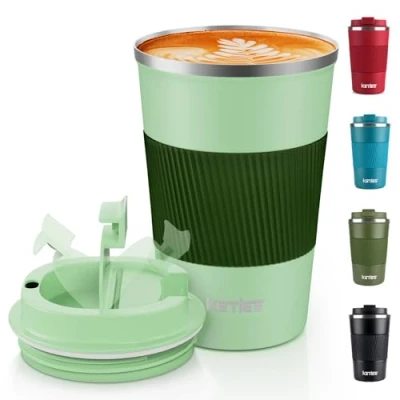Afbeelding van Reismokken, KETIEE 380 ml geïsoleerde koffiebeker met lekvrij deksel, herbruikbare koffiebekers reisbeker, koffiemok, dubbelwandige roestvrijstalen thermische mok voor warme koude dranken, groen