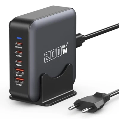 Afbeelding van 200W USB C oplader meervoudig, 5 poorten snellader GaN voeding laadstation, PD+QC PPS power adapter 100 W type laptop charger compatibel met MacBook Pro/Air/iPhone 15/16/Galaxy S23/S24