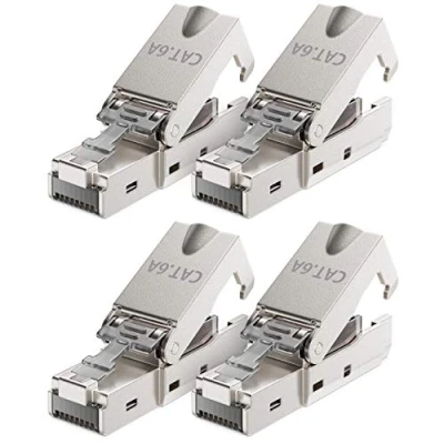 Afbeelding van deleyCON 4x CAT 6a Gereedschapsloze RJ45 Netwerkconnector met LSA Aansluiting voor Starre Installatiekabels Afgeschermd 10 Gbit/s LAN Kabel Netwerkkabel Connector CAT6a Metalen Behuizing