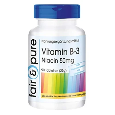 Afbeelding van Fair &amp; Pure® Vitamine B3 tabletten niacine 50mg als nicotinamide flush free vegan zonder magnesiumstearaat 90