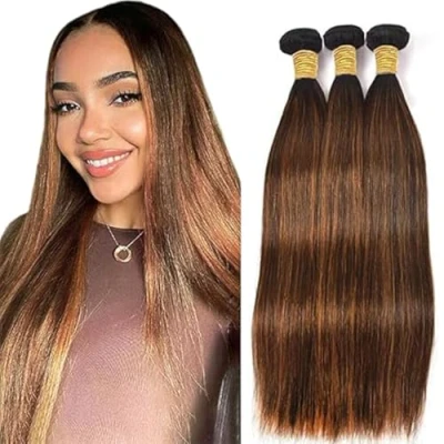 Afbeelding van Tuheerst Brown Human Hair Bundles Straight P430 Highlight Real 100% Unprocessed Brazilian Virgin 100g/PC 300g Total No Smell Tangle for Woman 3 18 Inches