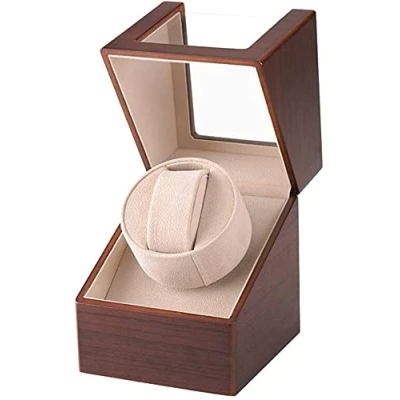 Afbeelding van Automatische Uhrenbeweger Box Single PU Leder Uhrengehäuse mit leisem Motor Batteriebetrieb oder Netzteil für Automatikuhren (Farbton des Holzkorns DGW)