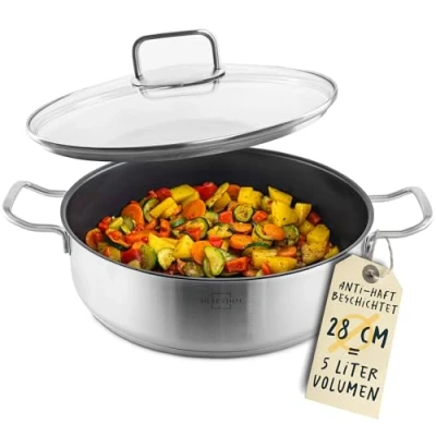 Afbeelding van SILBERTHAL Serveerpan 28 cm hoge rand inductie roestvrij staal gecoate stoofpan met deksel 5 l ovenbestendig