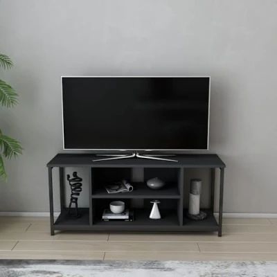Afbeelding van Awzil TV meubel L120cm Zwart metaal en antraciet hout Menzzo