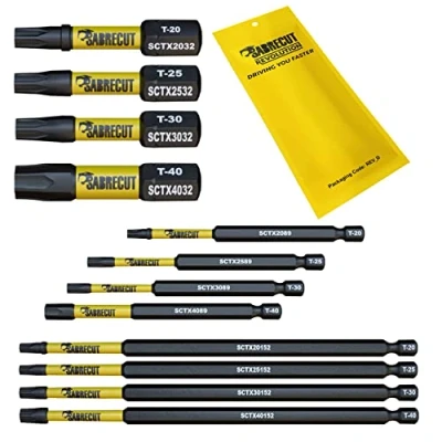 Afbeelding van 12 x SabreCut SCRK12TX 32mm 89mm 152mm T20 TX20 T25 TX25 T30 TX30 T40 TX40 Magnetische slagschroevendraaier Schroevendraaier Bits Set Torx Heavy Duty Compatibel met Dewalt Milwaukee Bosch en meer