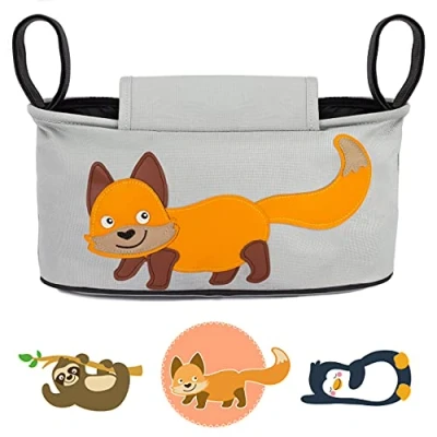 Afbeelding van GLÜCKSWOLKE Kinderwagen Organizer 12 Motieven I Kinder Buggy Tasche Kinderwagentas met Disposer van vochtige doekjes Tas Opbergtas voor Baby Kinderwagentasche Vos (Grijs)