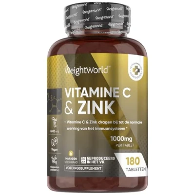 Afbeelding van WeightWorld Vitamine C met Zink tabletten 1000 mg + 10 180 vegan voor 6 maanden voorraad