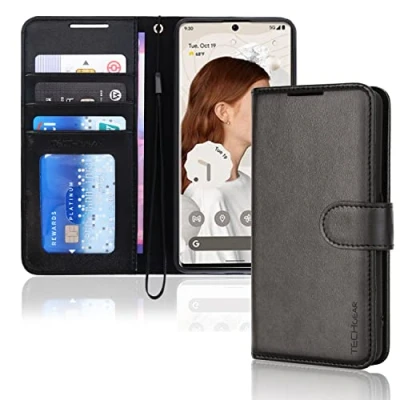 Afbeelding van TECHGEAR Pixel 7 lederen portemonneehoesje, flip beschermhoes met portemonnee kaarthouder, standaard en polsband zwart PU leer magnetische sluiting ontworpen voor Google