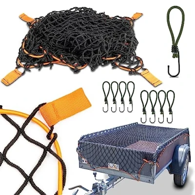 Afbeelding van CargoVA® Intelligent aanhangwagennet rekbaar 1x2 tot 2x3 M elastisch zwart met rubber koord, 8 haken en hoekmarkering voor perfecte ladingzekering