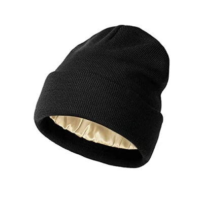 Afbeelding van TOEECY Dames beanie muts warme wintermuts met zacht satijn gevoerde slouchy stretchy gebreide beschermen kapsel fijn winddicht cuffed effen schedel hoed unisex, zwart, One size