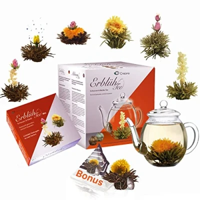 Afbeelding van Creano Theebloemen cadeauset bloesem thee met 500ml glazen kan &amp; 6x zwarte witte + 1x Teelini bonuskogel 8 delig