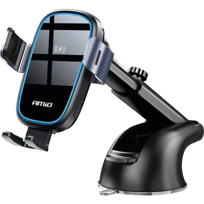 Afbeelding van AMiO Suction Mount Telefoonhouder met 15W Draadloze Oplader Verstelbare Arm en Herbruikbare Zuignap Zwart
