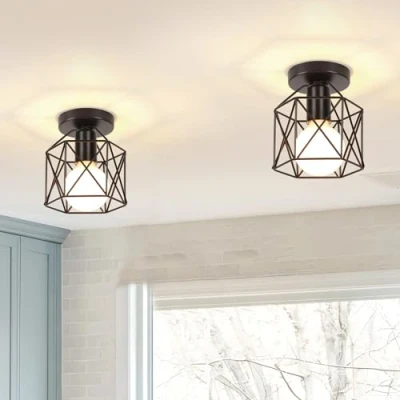 Afbeelding van iDEGU Industriële plafondlamp van metaal, kooivorm, vierkant, 15 cm, kroonluchter, lampenkap, staal, lampje E27, 40 W, zwart, voor woonkamer, slaapkamer, bar (zeskantig), 2 stuks