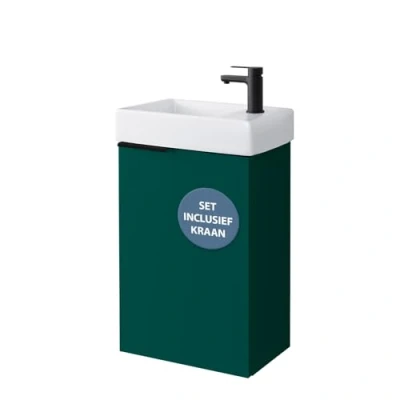 Afbeelding van Planetmöbel Wastafelonderkast met keramische wastafel 40 cm in bosgroen armatuur mat zwart, badkamermeubelset voor badkamer, gastentoilet