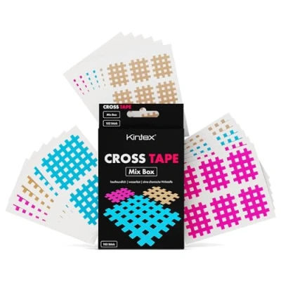 Afbeelding van Kintex Cross tape, Mix Box, 102 rasterpleisters gemengd, kruistapes, acupunctuurpleisters, roostertape, tape pleisters, kinesiologie crosstapes