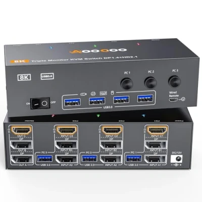 Afbeelding van KVM Switch 3 monitoren computers 4K @144Hz 8K @60Hz, Displayport + HDMI USB 3.0 schakelaars met 4 poorten, bekabelde afstandsbediening, voeding en kabel inbegrepen