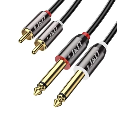 Afbeelding van J&amp;D RCA naar jack 6,35 mm kabel, goudkleurig gelakte koperen behuizing robuust 2 x (1/4 inch) TS stekker adapter voor versterker en luidsprekers, 6 meter