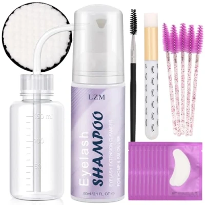 Afbeelding van LZM Wimpershampoo voor Wimperverlenging Wimpers Extensions Shampoo 60ml+Spoelflesje + Reinigingsborstel 10 Paar Oogmaskers Make Up Pad Lash Set