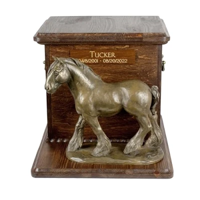 Afbeelding van Art Dog Grote Urn voor Paardenas Handgemaakt Houten Gedenkteken met Aanpasbaar Koud Gegoten Bronzen Beeld 9,4 x 7,3 8,9 Graafschap